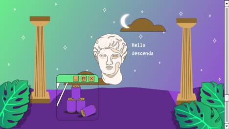 Retro Vaporwave Poster With User Interface Elements and Cartoon Roman Antique Statue. Abstract Gradient Aesthetic Background. 2D Animation.