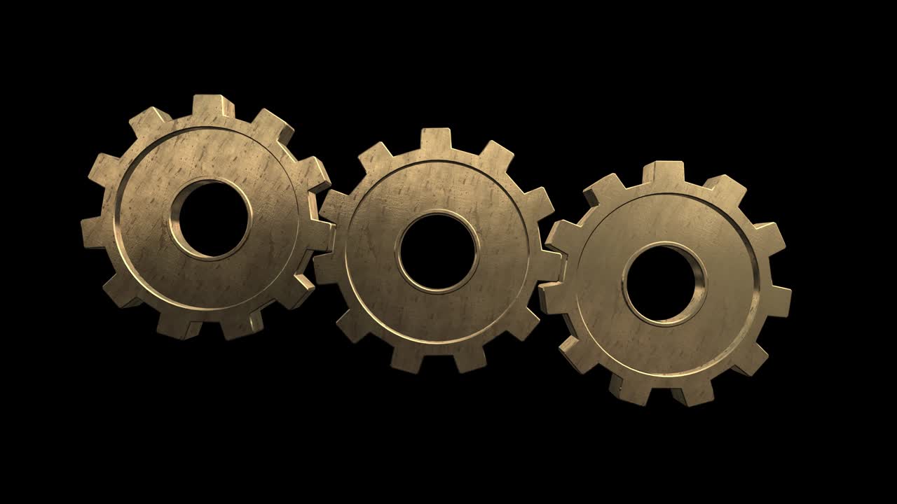 기어 스피닝은 단독으로 날아가서 하나의 기어가 됩니다. 검은색 배경, 알파 채널