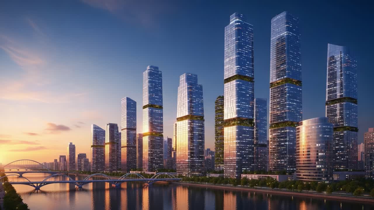 Transformação Deslumbrante do Horizonte Urbano: Uma Bela Transição do Dia para a Noite Sobre um Moderno Distrito Metropolitano à Beira-Rio.