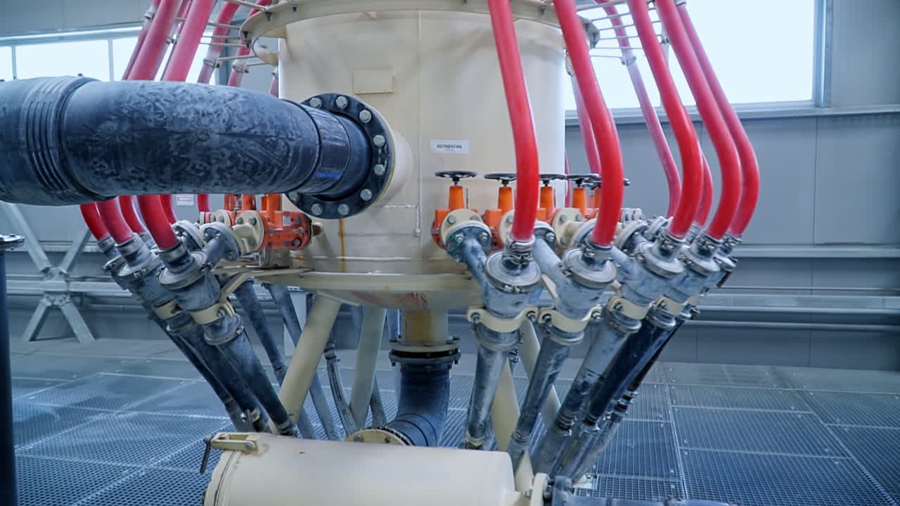 Big cistern with numerous tubes and valves attached to it and one thick bent pipe. Spacious premise with automated equipment.