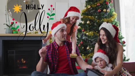 Animation-of-holly-jolly-text-over-caucasian-family-smiling