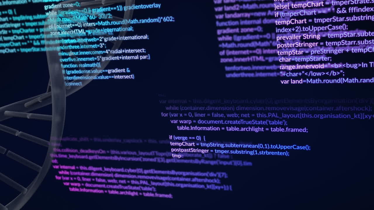 animación de la cadena de adn y procesamiento de datos sobre un fondo negro