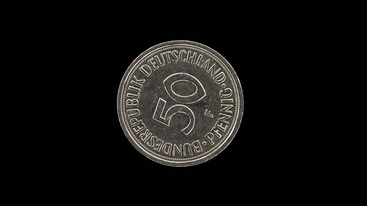 Germany 50 pfennig 1980 obverse with face value, macro loop on black background