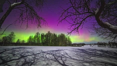 Time-lapse-shot-of-multicolored-northern-lights-at-night-sky-during-snowy-winter-day---slow-panning