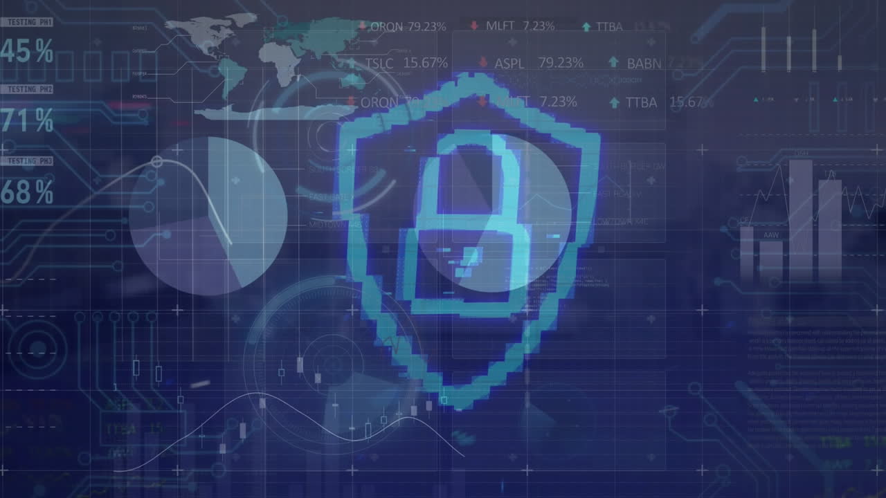 animación del icono del candado de seguridad a través de la interfaz con el procesamiento de datos estadísticos y bursátiles.