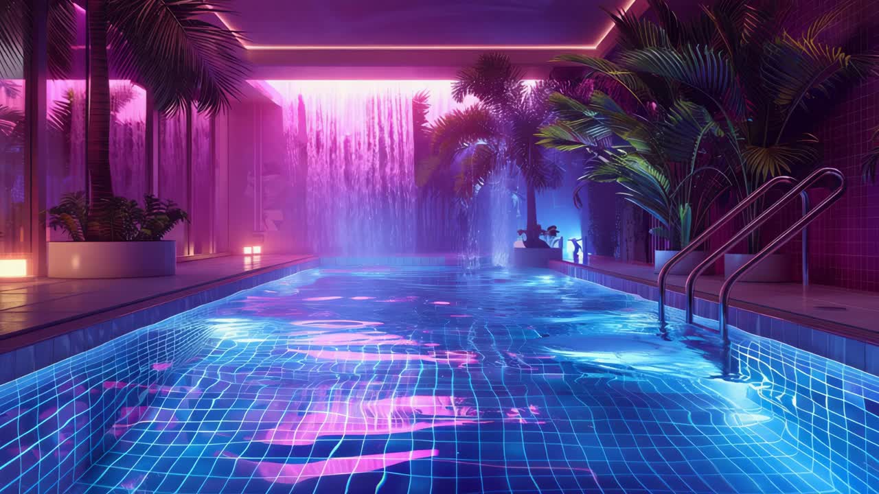 Neon Tropical Swimming Pool Interior | Premium Stock Video Footage