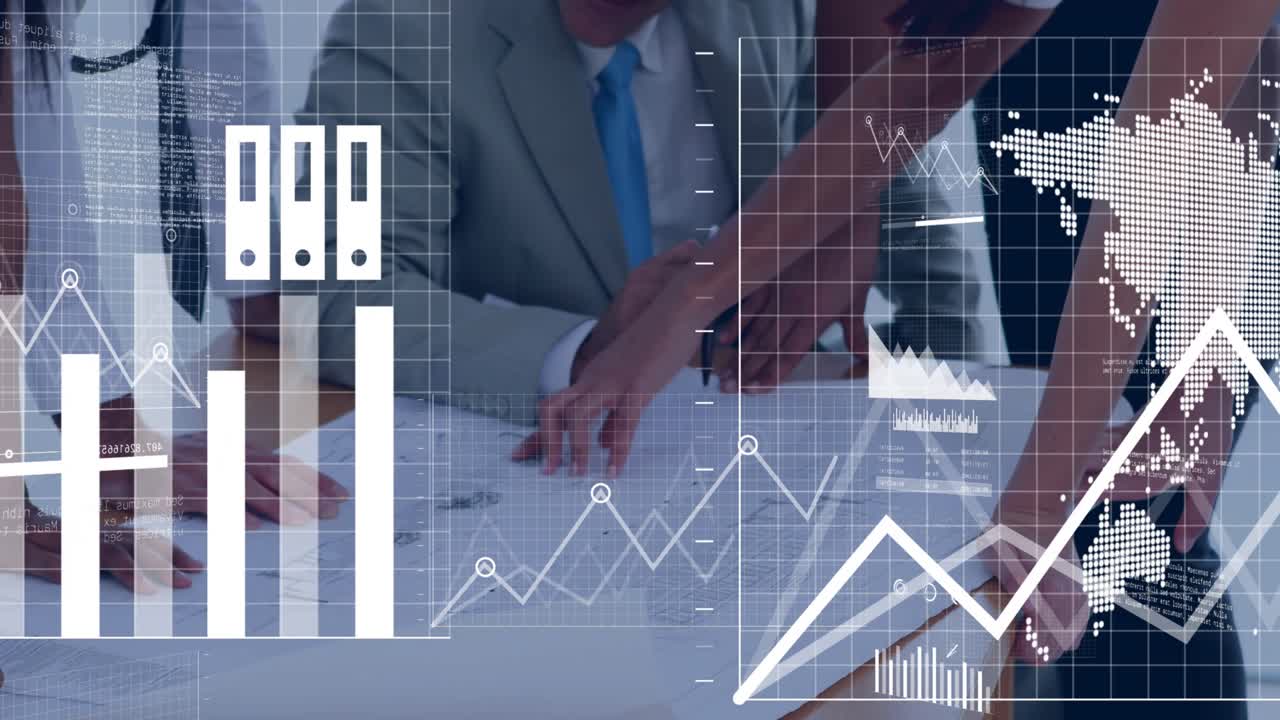 After meeting team examining blueprint as laptop icon and charts emerging to review analytics