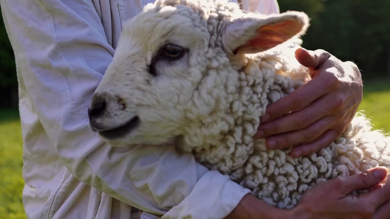 Close-up video of a person gently hugging a sheep, showcasing a warm, pastoral scene