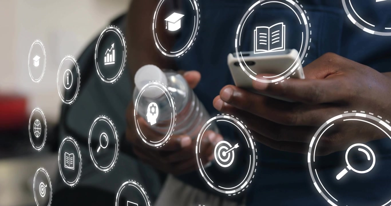 Man showing phone, tapping screen in hall, browsing while tech icons overlaying hands with bottle