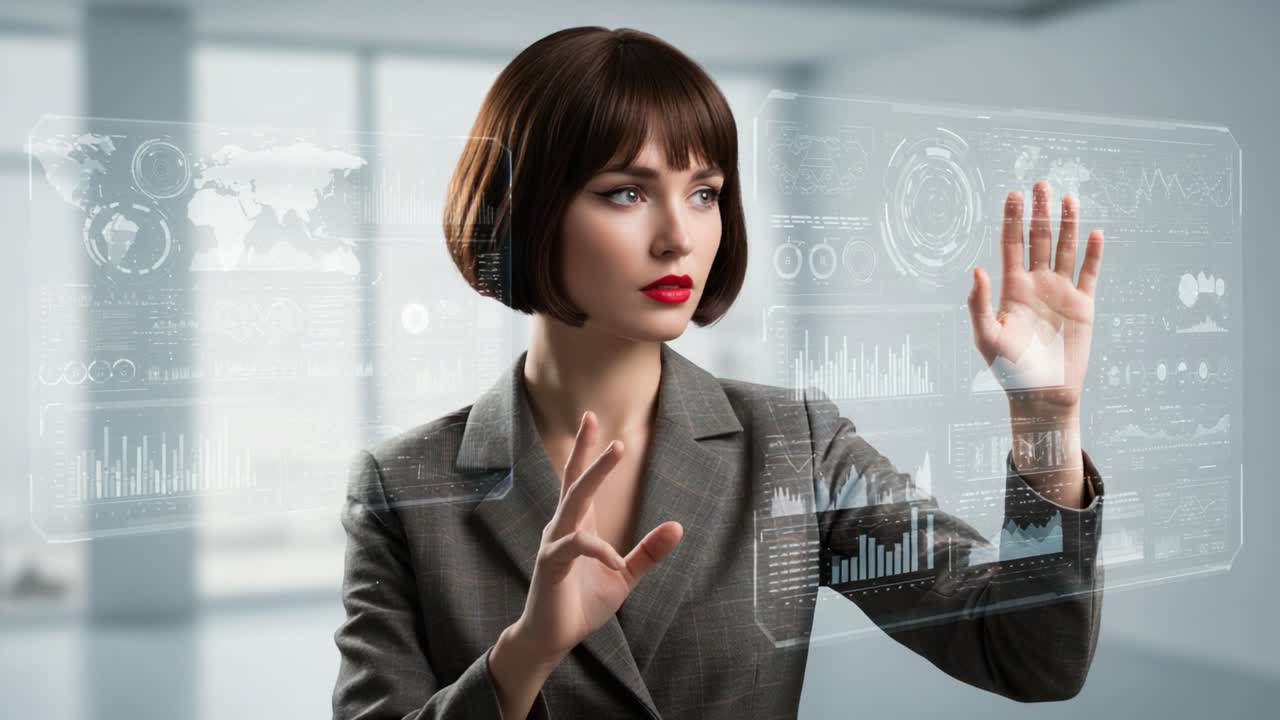 A Professional Woman Interacting with Futuristic Holographic Data Displays in a Modern Office Environment, Emphasizing Innovation and Technology Trends