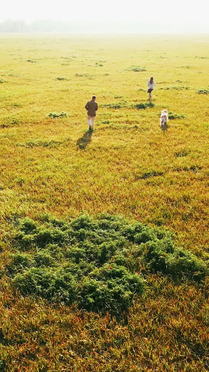 People and Dog Walking in a Field