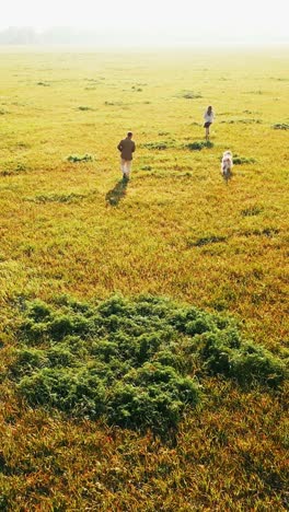 People and Dog Walking in a Field