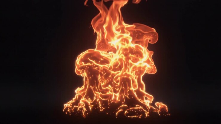 Aufsteigende CGI-Flammensäule auf schwarzem Feld, die eine violette Basis bildet und von Strömung getriebene Ranken und Glut aussendet