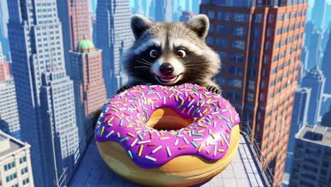 a whimsical animated raccoon joyfully indulges in a giant purple donut adorned with colorful sprinkles while perched atop a skyscraper in a vibrant cityscape