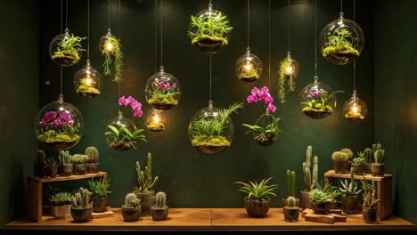a stunning display of hanging plants and cacti in elegant glass terrariums, showcasing tropical flora with a lush green backdrop and warm ambient lighting