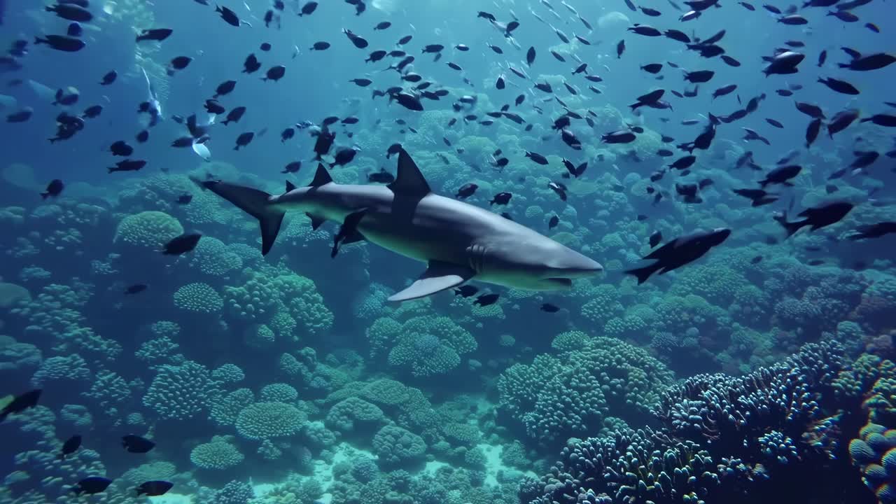 Majestic shark gracefully glides through the crystal clear waters, navigating a vibrant coral reef ecosystem teeming with marine life, creating a captivating underwater scene