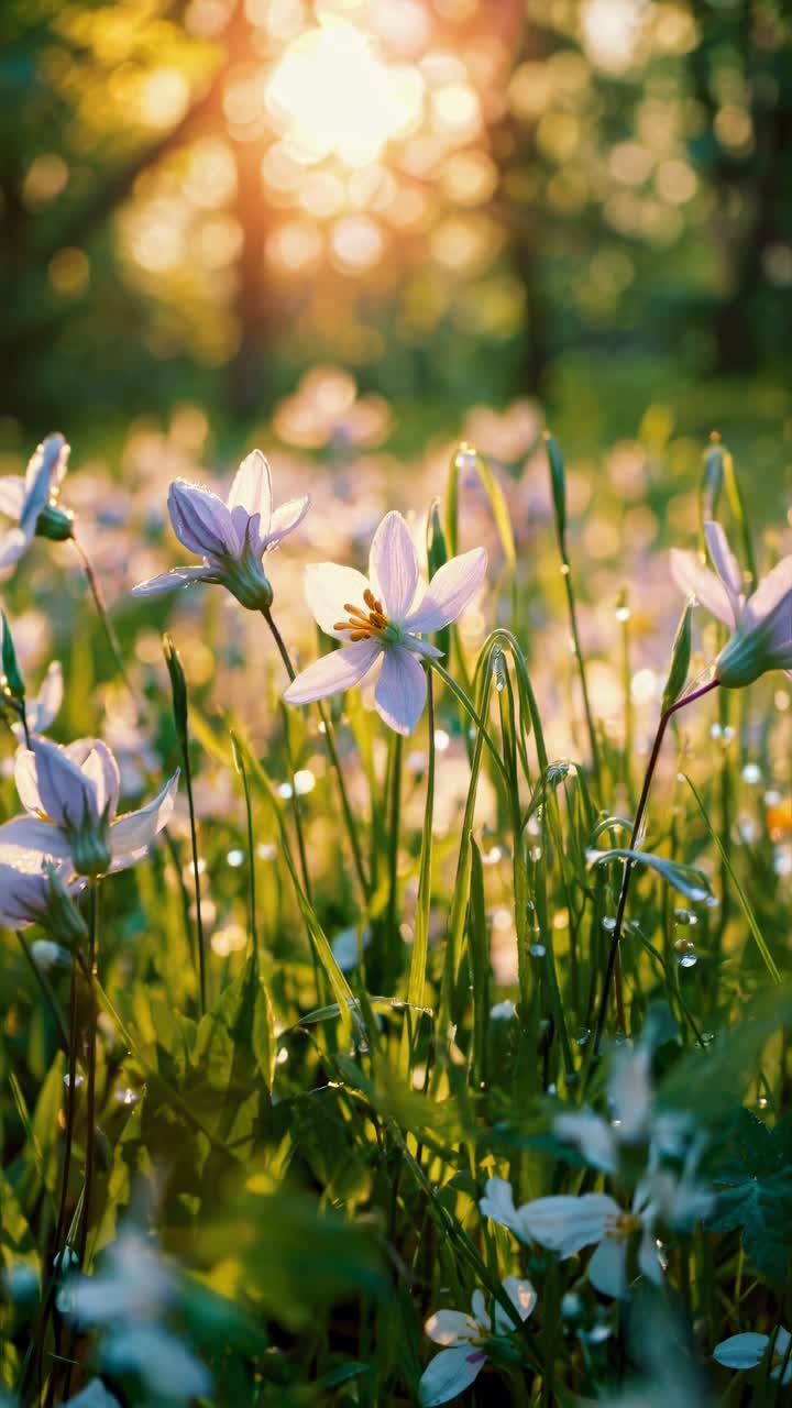 Morning Sunlight Illuminating Fresh Flowers and Dew Drops in a Field