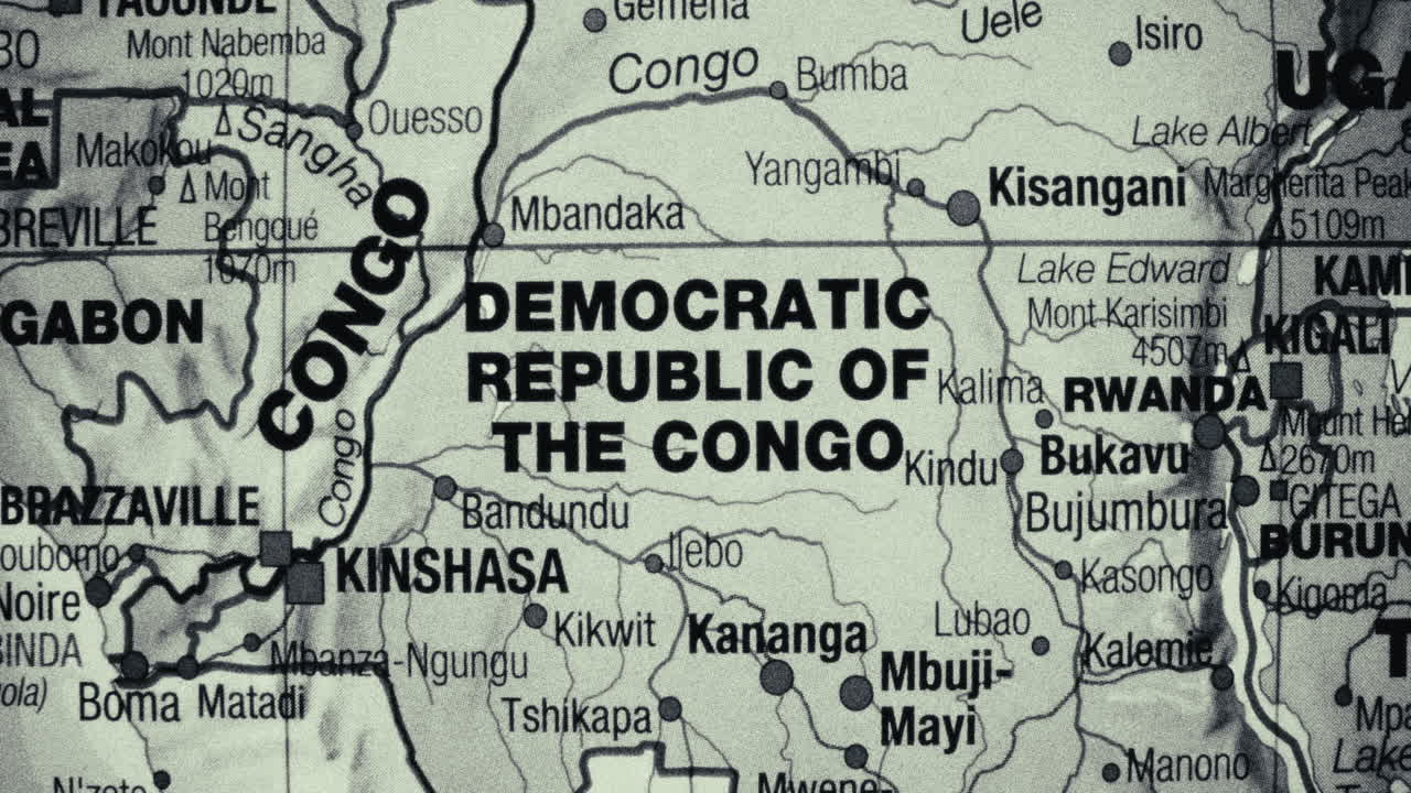 A monochromatic map of the Democratic Republic of Congo and surrounding Central African countries