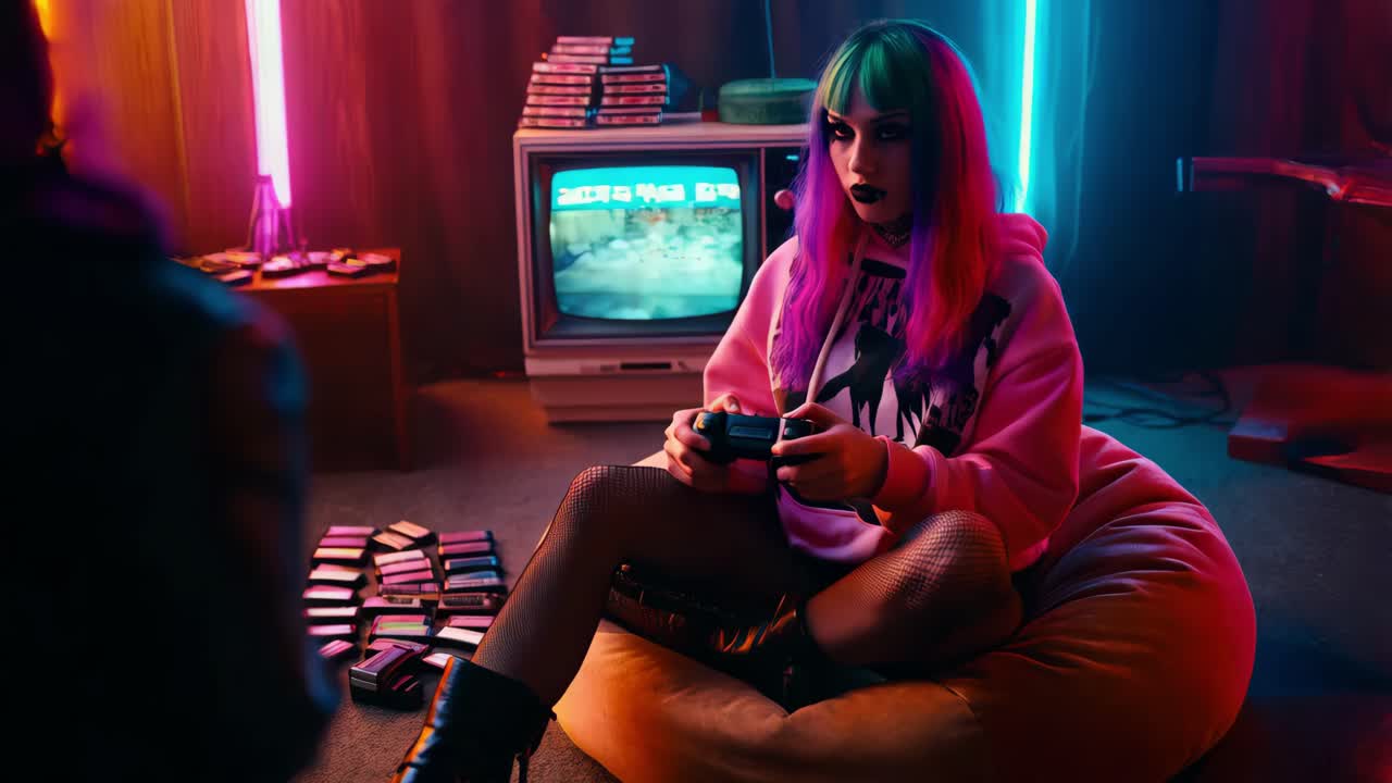 chica retro gamer con luces de neón