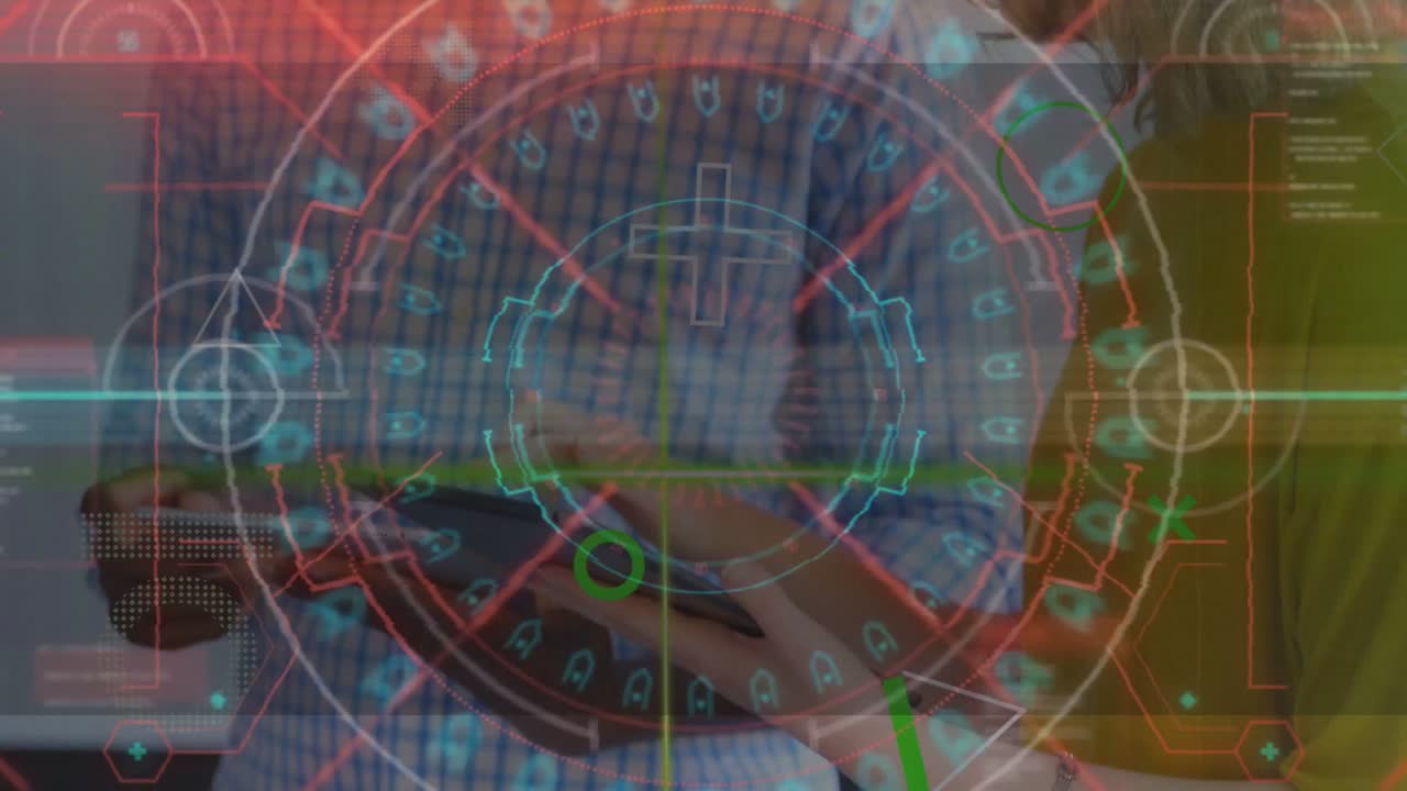 Woman tapping pad and man holding unit, starting tech demo HUD reacting to taps, shifting scanline
