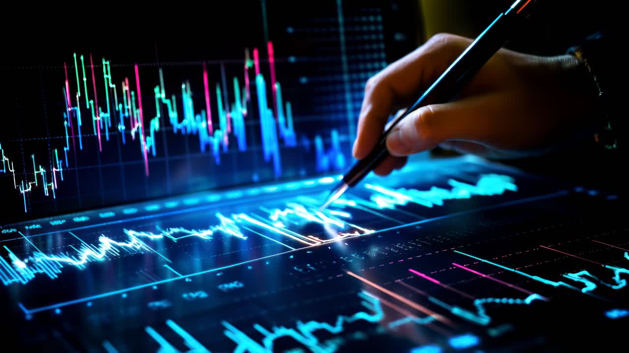 Close-up angle of a hand analyzing digital graphs on a screen, highlighting financial data