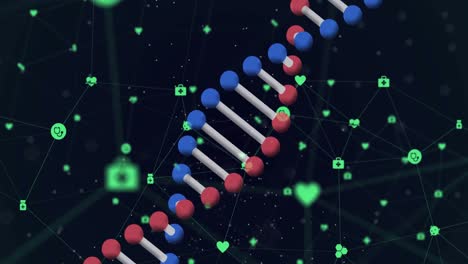 animación de una cadena de adn 3d giratoria, con una red de iconos verdes en negro