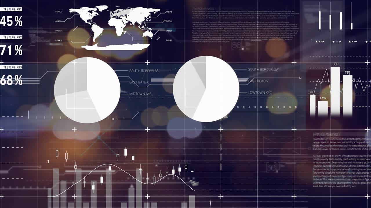 Animation of data processing on charts and graphs over bokeh city street at night