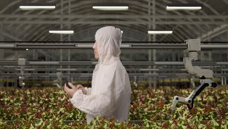 side view of asian man researcher using smartphone and looking around while standing in the greenhouse with smart robotic farmers