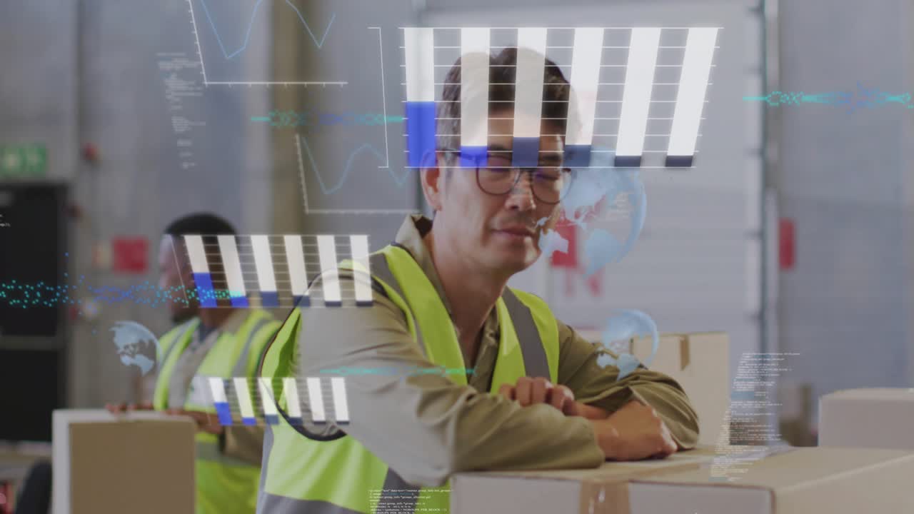 Warehouse packer leaning on boxes, checking AR bars and globe icons as camera moving closer