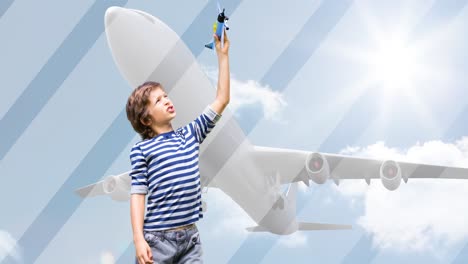 animation of happy caucasian boy playing with plane toy over plane