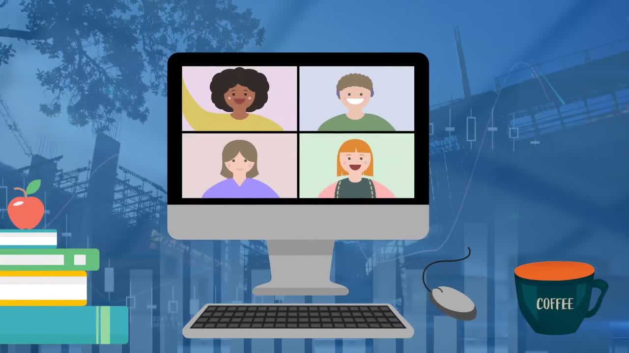 건설 현장 위에 있는 사람들과 함께 화면의 애니메이션