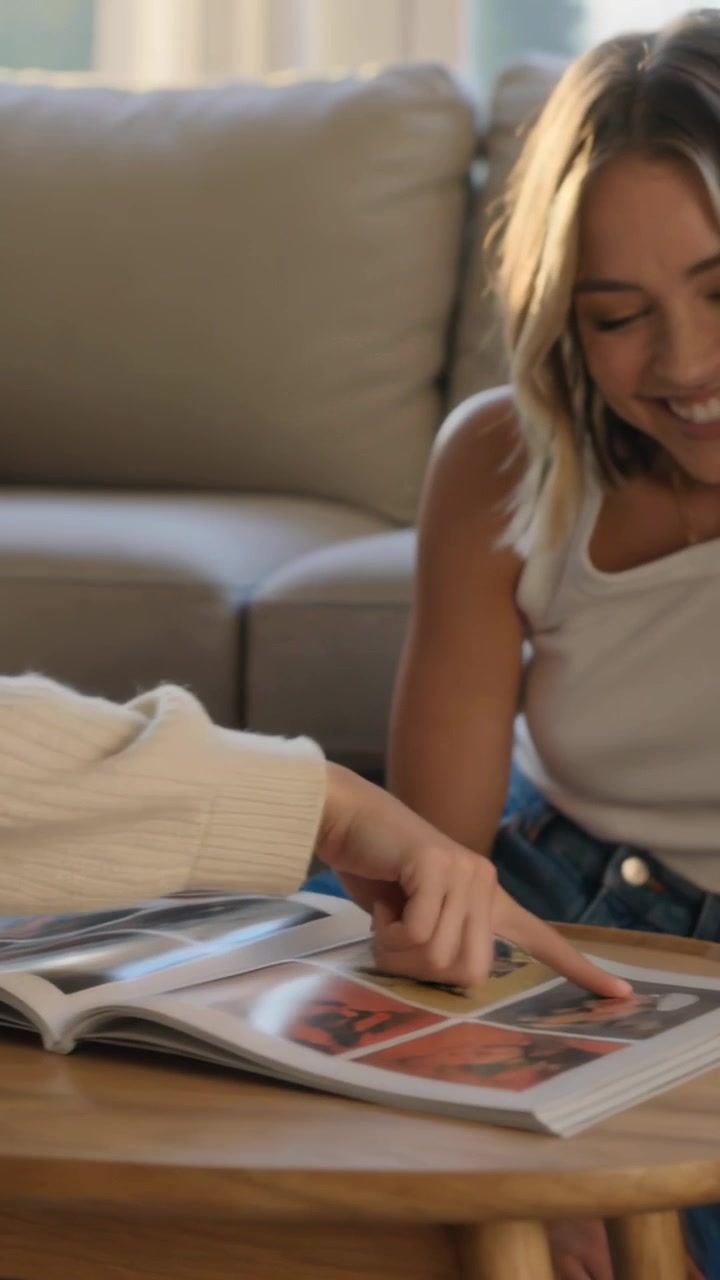 Video verticale: Una donna con maglia color crema indica a sinistra mentre condivide un album su un tavolo di legno con un'amica sorridente a casa