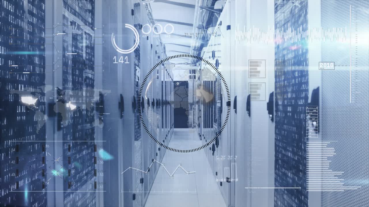 Animation of interface with data processing over spinning globe against computer server room