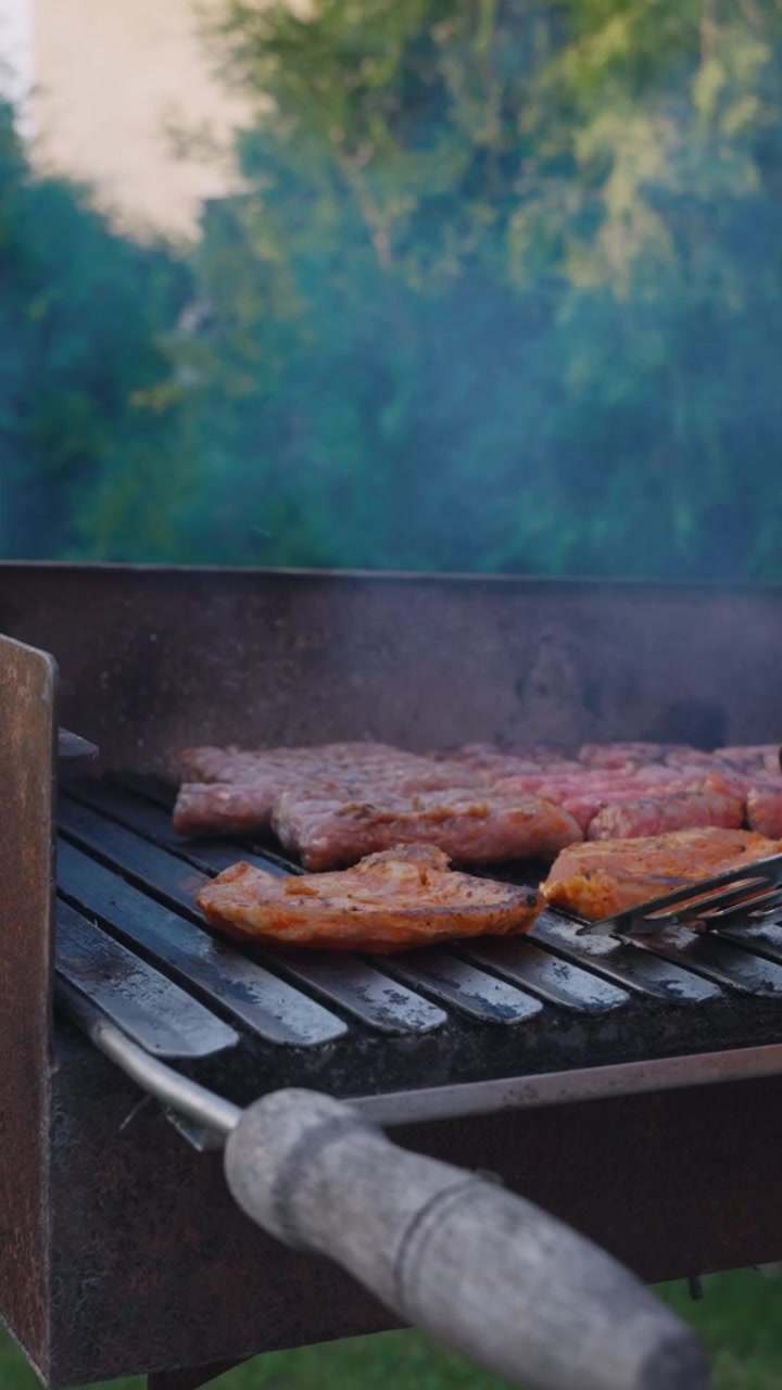 Video verticale ravvicinato di carne condita che griglia su un barbecue rustico all'aperto, atmosfera fumosa, perfetto per l'uso su dispositivi mobili, social media e storie