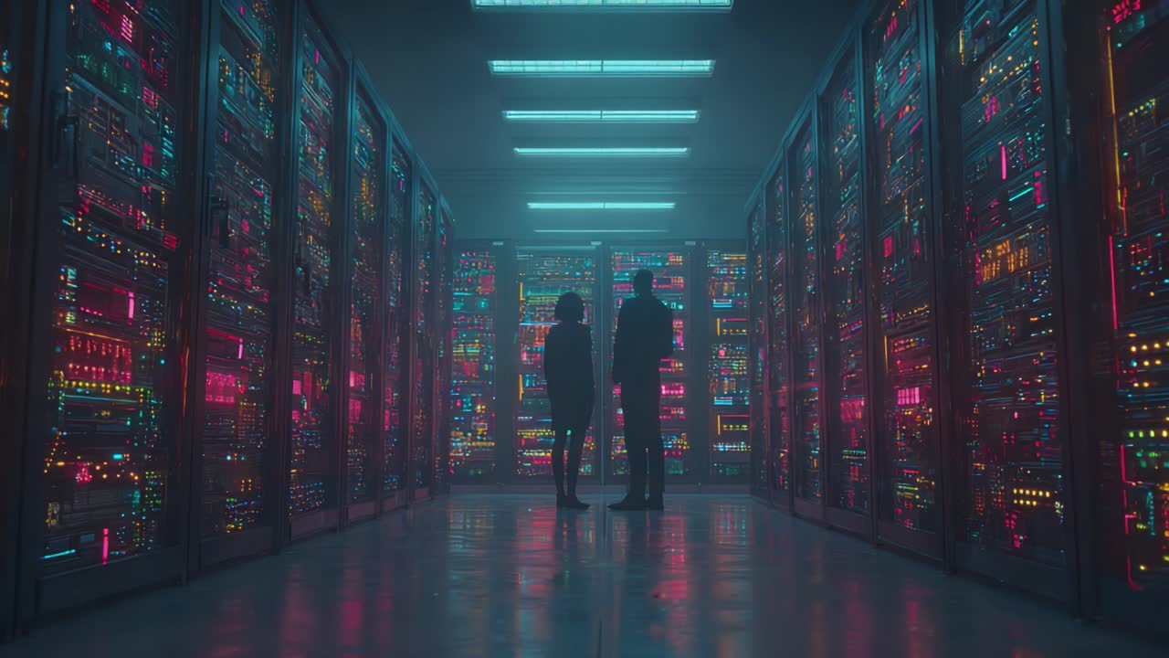 Exploring the Vibrant Depths of a High-Tech Data Center: A Journey Through Neon-Lit Server Racks with Two Figures in Silhouette, Capturing the Essence of Digital Connectivity