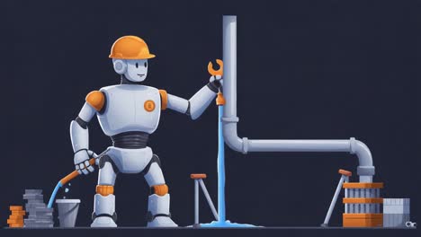 a robotic laborer engaged in pipe installation, demonstrating modern automation in construction and maintenance with efficiency and precision