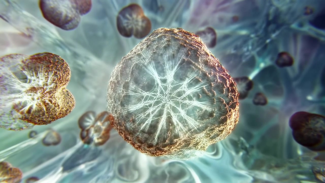Un movimento ravvicinato mostra forme biologiche sferiche raggruppate che fluttuano attraverso un fluido traslucido, con reti di filamenti radianti, bordi granulari, bagliore soffuso, tonalità verde acqua e riflessi dorati.