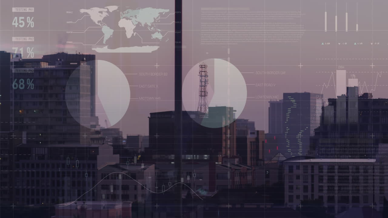 animación del procesamiento de datos estadísticos sobre una vista aérea del paisaje urbano