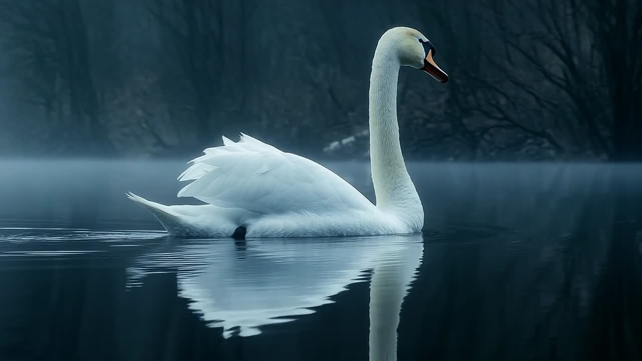 Elegant swan gliding on misty water. A majestic white swan swims peacefully on calm water surrounded by a foggy landscape during early morning light.
