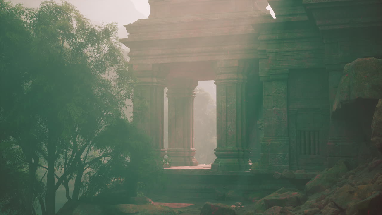 misterioso templo antiguo en una selva de niebla