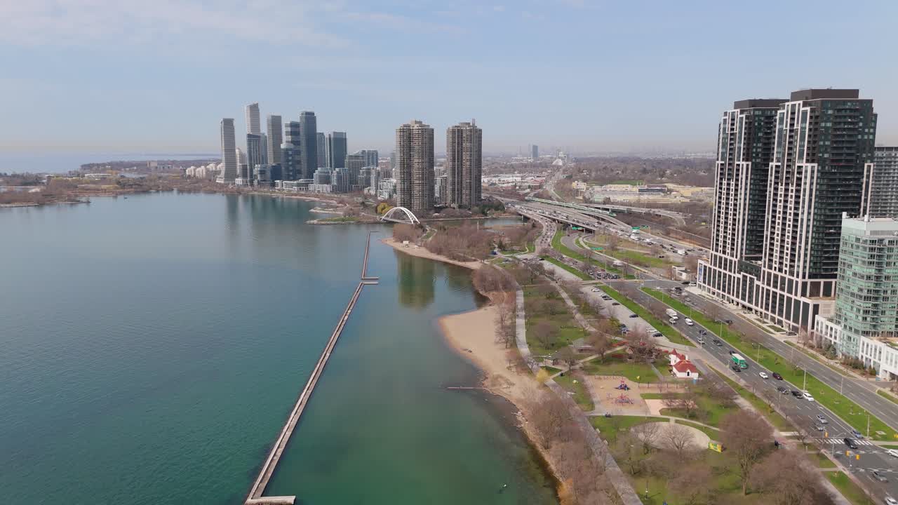 Residential Condo Buildings Near Parklawn Neighbourhood In Etobicoke, Toronto, Ontario, Canada. Aerial Drone Shot