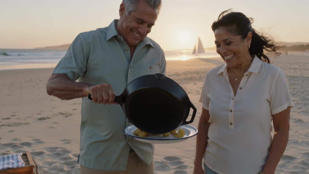 Padella di ferro sfrigolante che scintilla, con un uomo in camicia che versa patate su un piatto smaltato durante un picnic in spiaggia al tramonto.