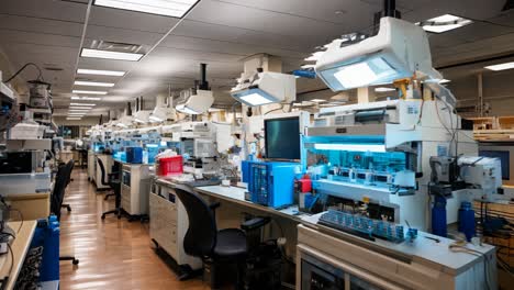 laboratory workspace with advanced equipment and bright lighting at dusk