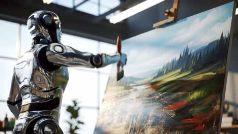 a futuristic robot artist masterfully paints a scenic landscape, showcasing advanced technology and creativity in a modern studio environment