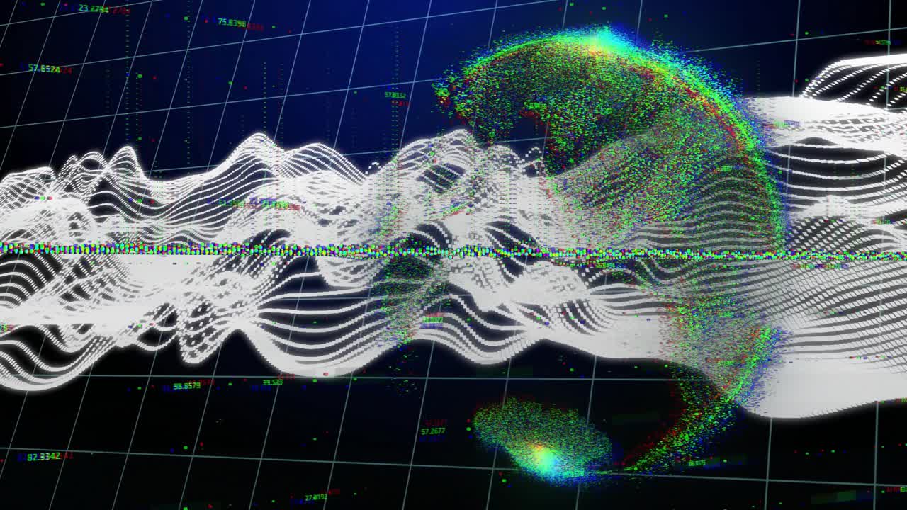 White waveform ribbons flowing over dark wireframe grid in 3D, showing floating numeric labels