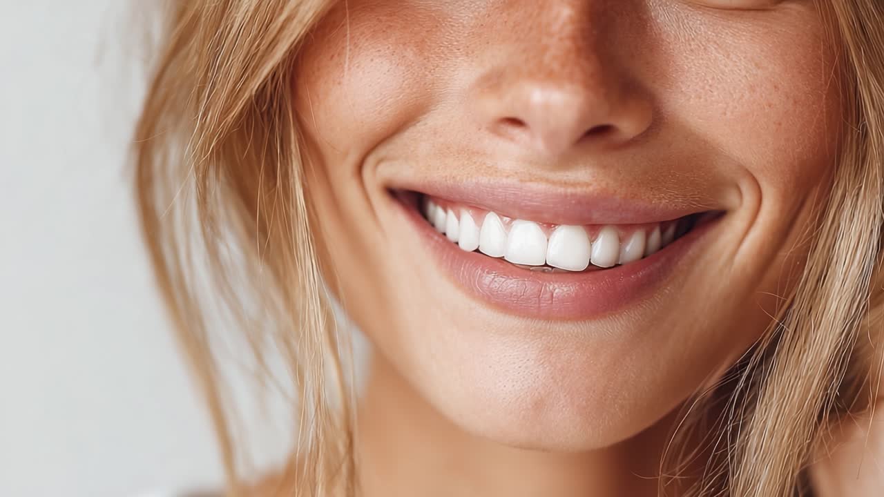Affascinante primo piano di una donna sorridente con denti impeccabili e bellezza naturale che enfatizza gioia e fiducia nella vita di tutti i giorni