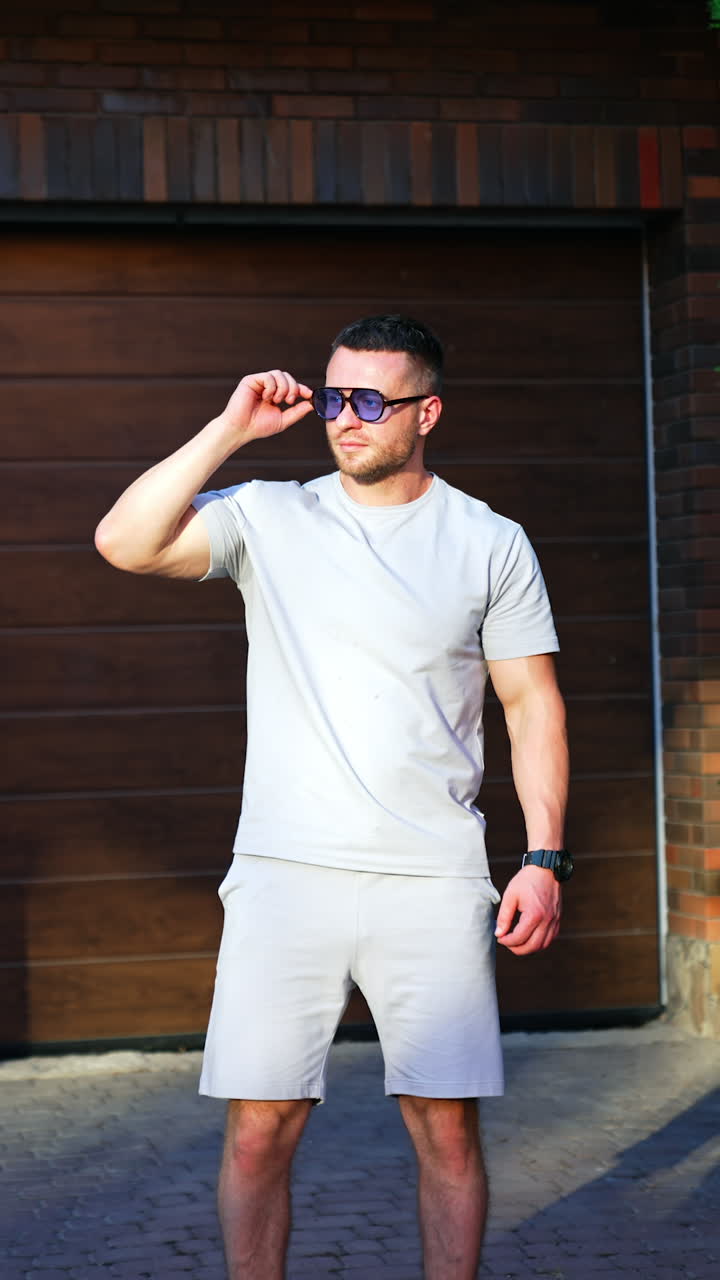 Bearded sportive male wearing sunglasses and t-shirt and shorts. Portrait of a confident Caucasian man in sports clothes. Vertical video