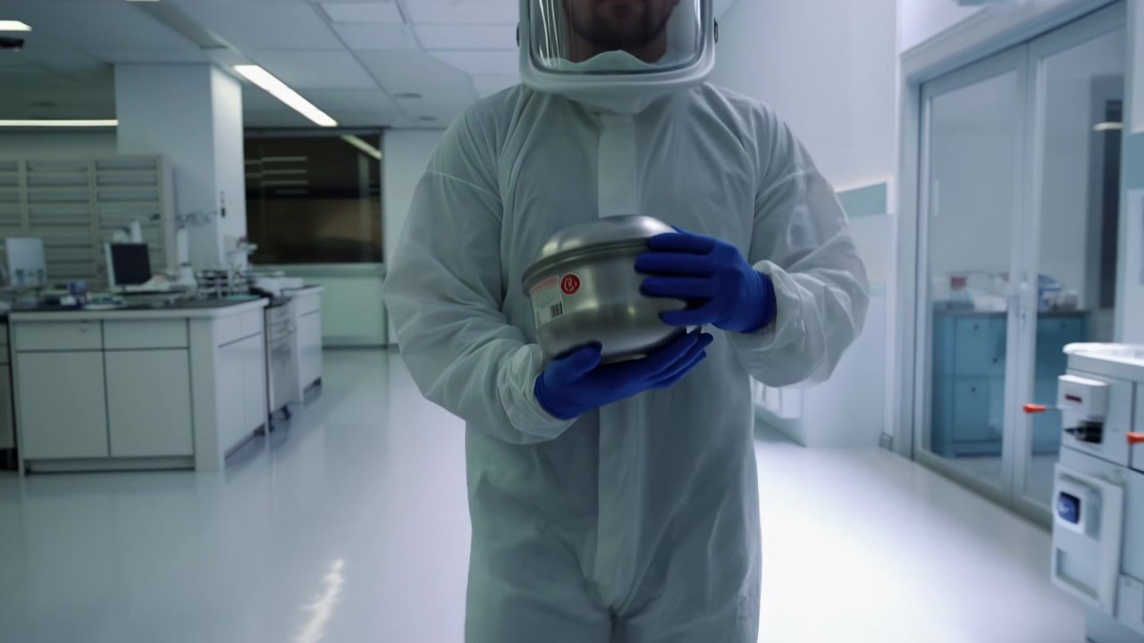 Figura frontale in tuta protettiva bianca e visiera trasparente si muove attraverso un laboratorio pulito, tenendo un contenitore metallico riflettente fermo all'altezza del petto