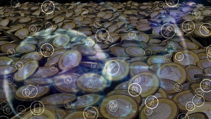 Animazione di icone digitali su una pila di monete in euro sullo sfondo