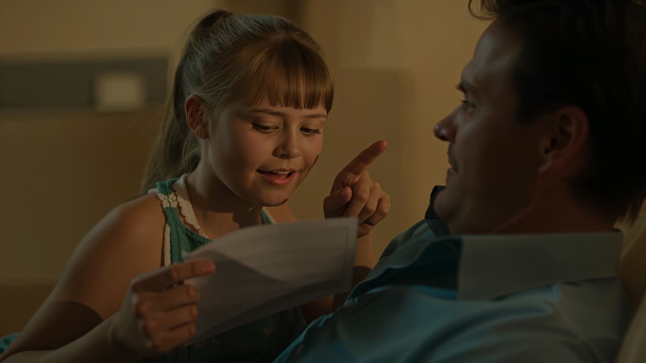 Ragazza appoggiata, che indossa un top senza maniche, condivide un foglio di carta, leggendo e indicando a casa sul divano.